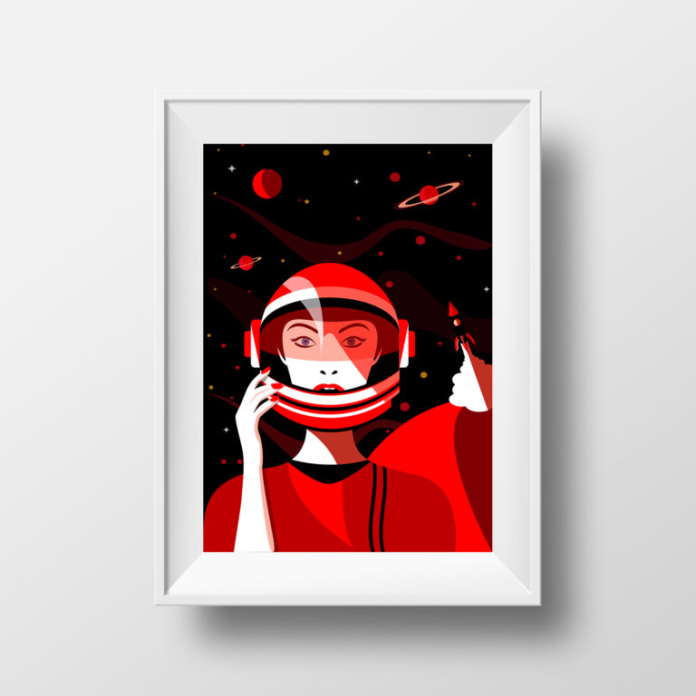 Affiche Illustration Minimaliste - Poster Space Girl Style Pop art Portrait Espace Fusée Astronaute