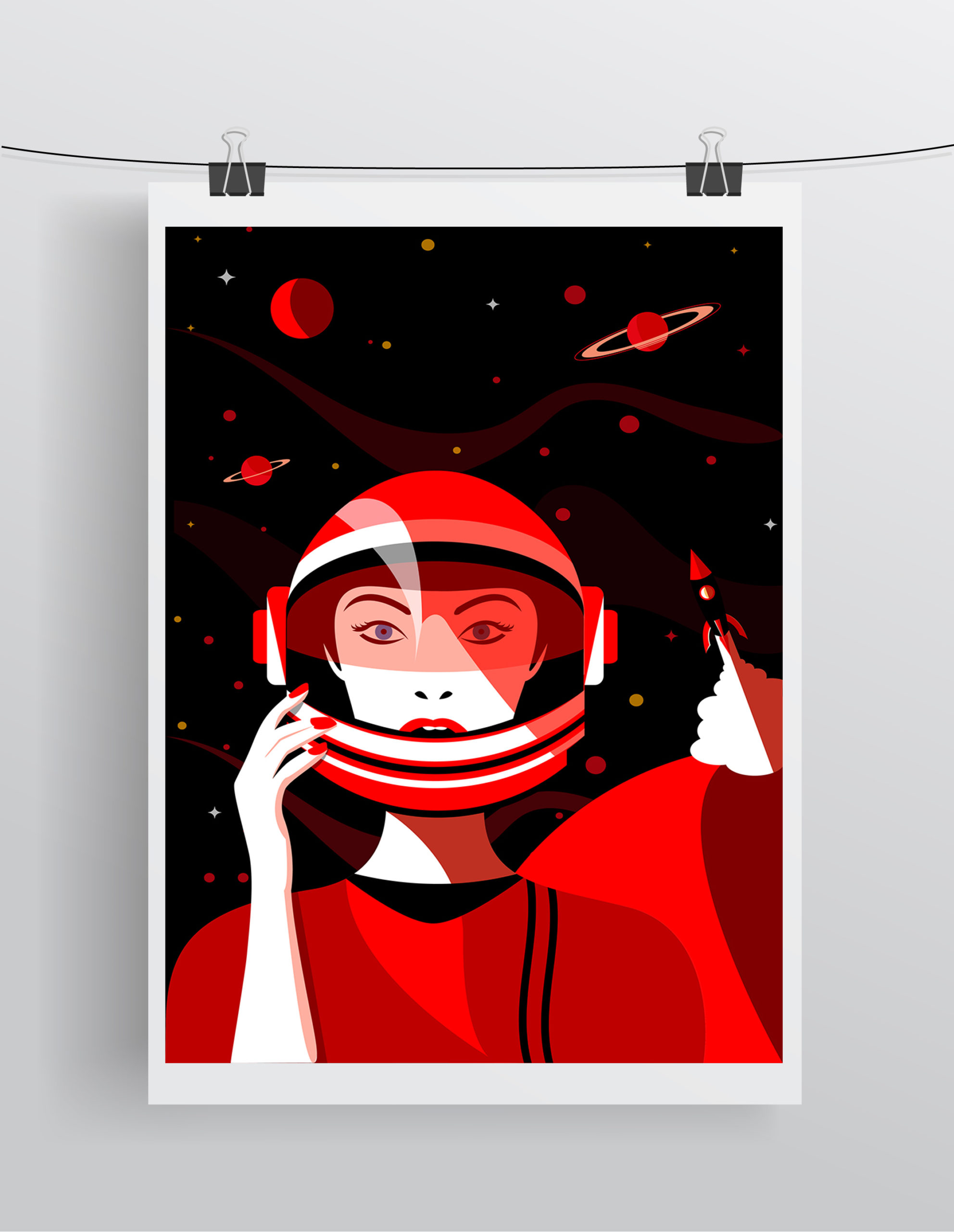 Affiche Illustration Minimaliste - Poster Space Girl Style Pop art Portrait Espace Fusée Astronaute – Image 4