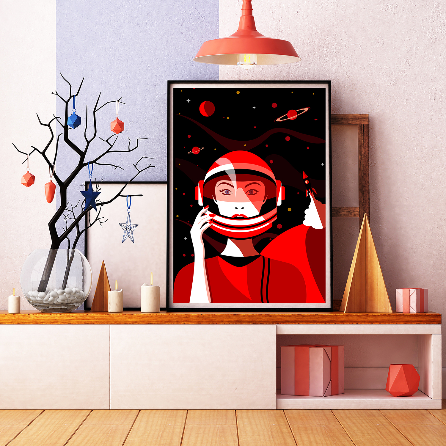 Affiche Illustration Minimaliste - Poster Space Girl Style Pop art Portrait Espace Fusée Astronaute – Image 3