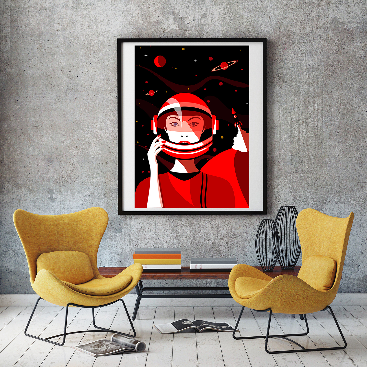 Affiche Illustration Minimaliste - Poster Space Girl Style Pop art Portrait Espace Fusée Astronaute – Image 2