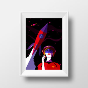Affiche Illustration Minimaliste - Poster Mode Style Pop art Space Girl Espace Fusée Astronaute
