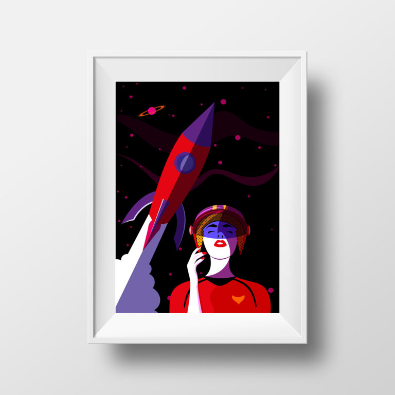 Affiche Illustration Minimaliste - Poster Mode Style Pop art Space Girl Espace Fusée Astronaute