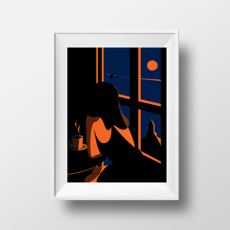 Affiche Illustration Paris - Poster Montmartre Fille Café Sacré Coeur