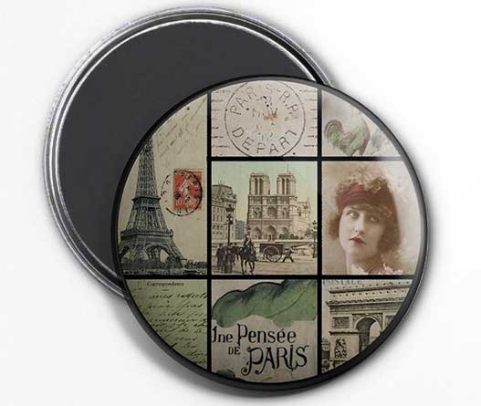 Magnet Rond Paris Vintage - Collage Souvenir Une Pensée de Paris Frigidaire Aimant 56mm ø