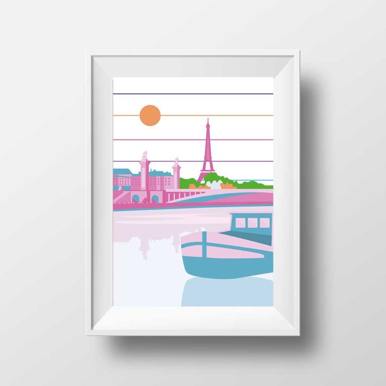 Affiche Illustration Paris - Poster Tour Eiffel la Seine Pont Alexandre III