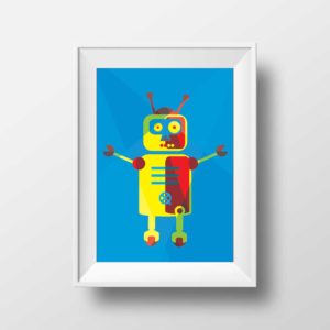 Affiche Illustration Robot - Poster Vintage Rétro Robot Bleu Espace