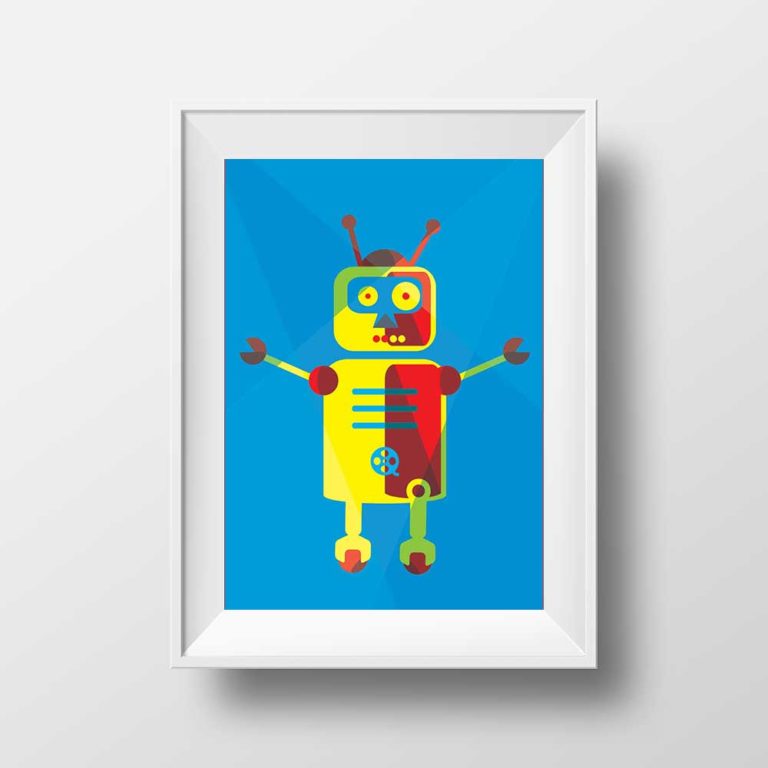 Affiche Illustration Robot - Poster Vintage Rétro Robot Bleu Espace