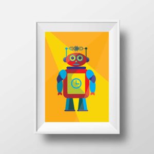 Affiche Illustration Robot - Poster Vintage Rétro Robot Jaune Espace