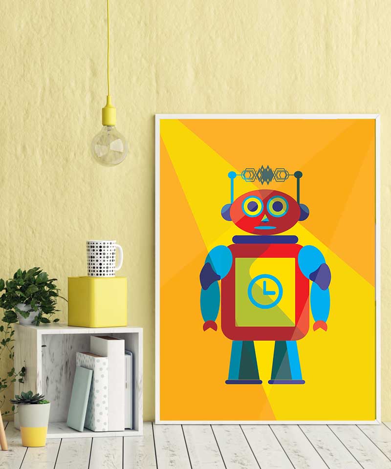 Affiche Illustration Robot - Poster Vintage Rétro Robot Jaune Espace – Image 2