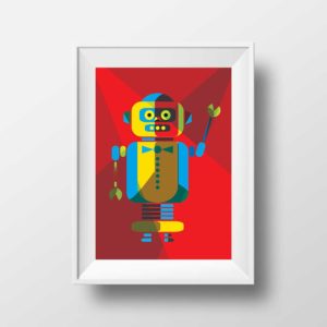 Affiche Illustration Robot - Poster Vintage Rétro Robot Rouge Espace