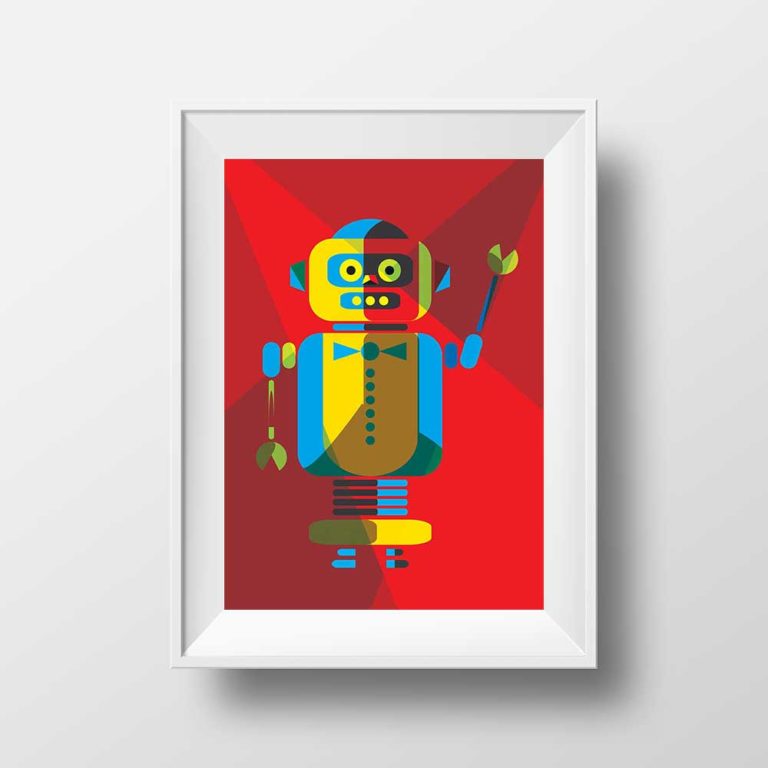 Affiche Illustration Robot - Poster Vintage Rétro Robot Rouge Espace