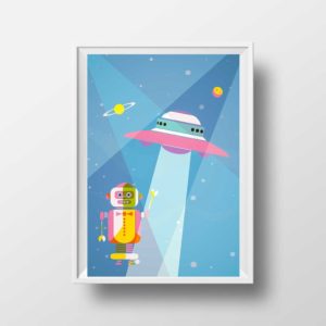 Affiche Illustration Enfant - Poster Soucoupe Volante Espace Robot