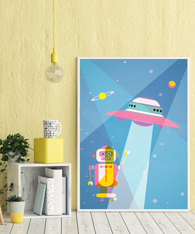 Affiche Illustration Enfant - Poster Soucoupe Volante Espace Robot – Image 4