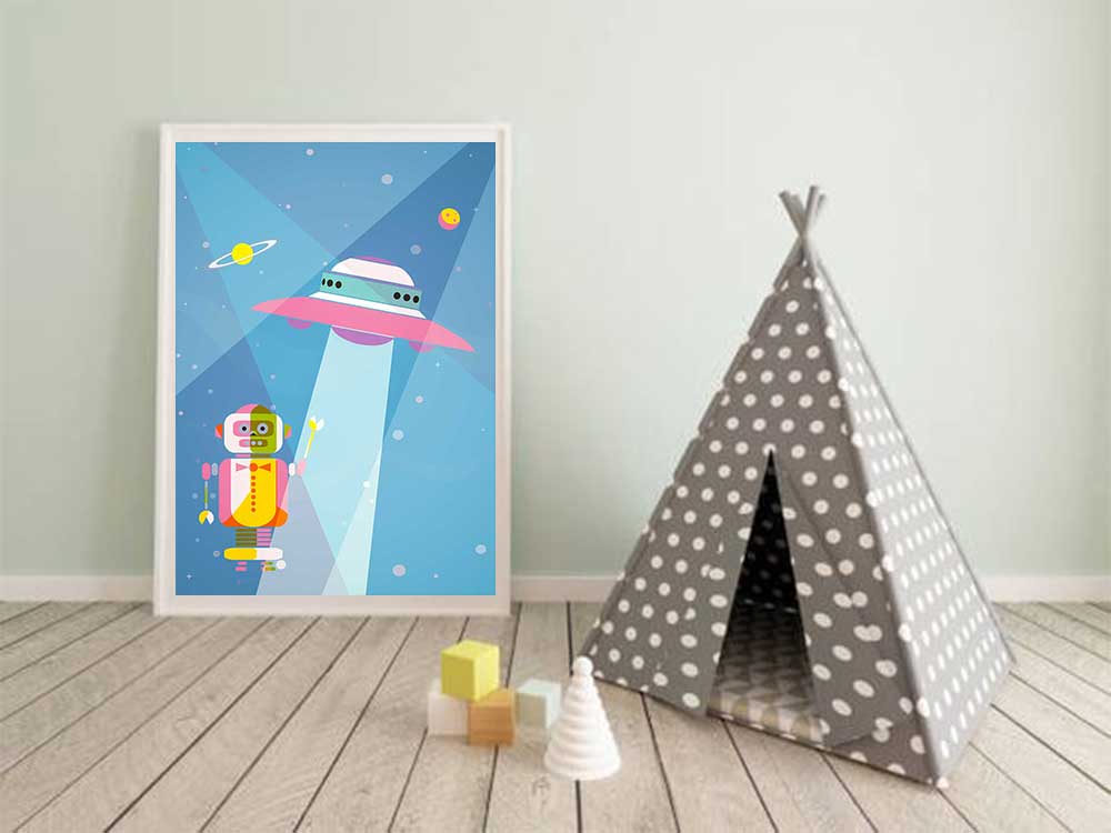 Affiche Illustration Enfant - Poster Soucoupe Volante Espace Robot – Image 5