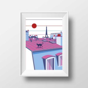 Affiche Illustration Paris - Poster Montmartre Chat sur les Toits et Ia Tour Eiffel