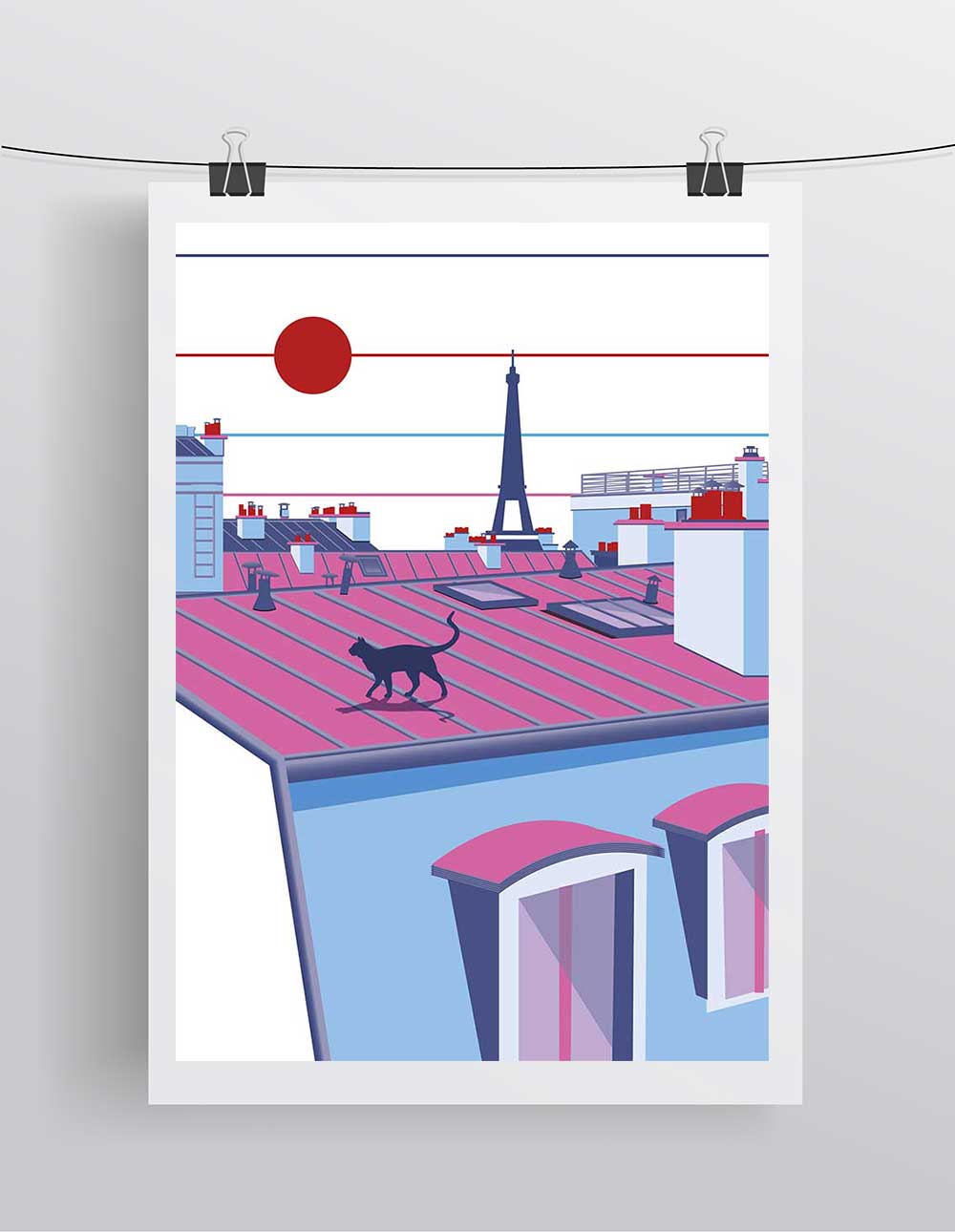 Affiche Illustration Paris - Poster Montmartre Chat sur les Toits et Ia Tour Eiffel – Image 2