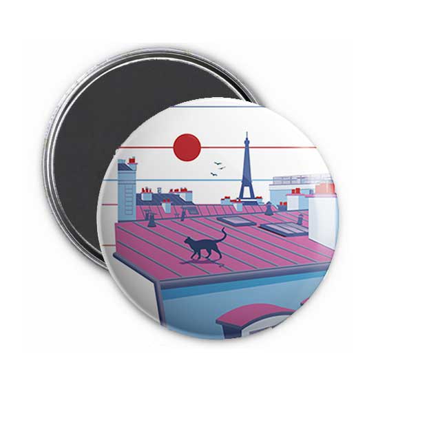 Magnet Rond Illustration Paris - Montmartre Chat Toits Tour Eiffel Aimant Frigidaire 56mm ø
