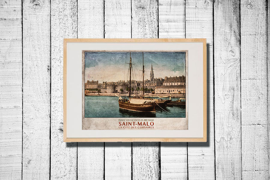 Affiche Vintage Bretagne Saint-Malo 1900 - Poster Voyage Saint-Malo Le Port Carte postale ancienne Poster vintage Decoration rétro de France