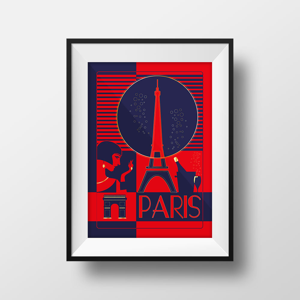 Affiche Voyage Paris - Poster Vintage Illustration Tour Eiffel Art Déco Champagne Rétro Vintage France Souvenir Décoration Murale