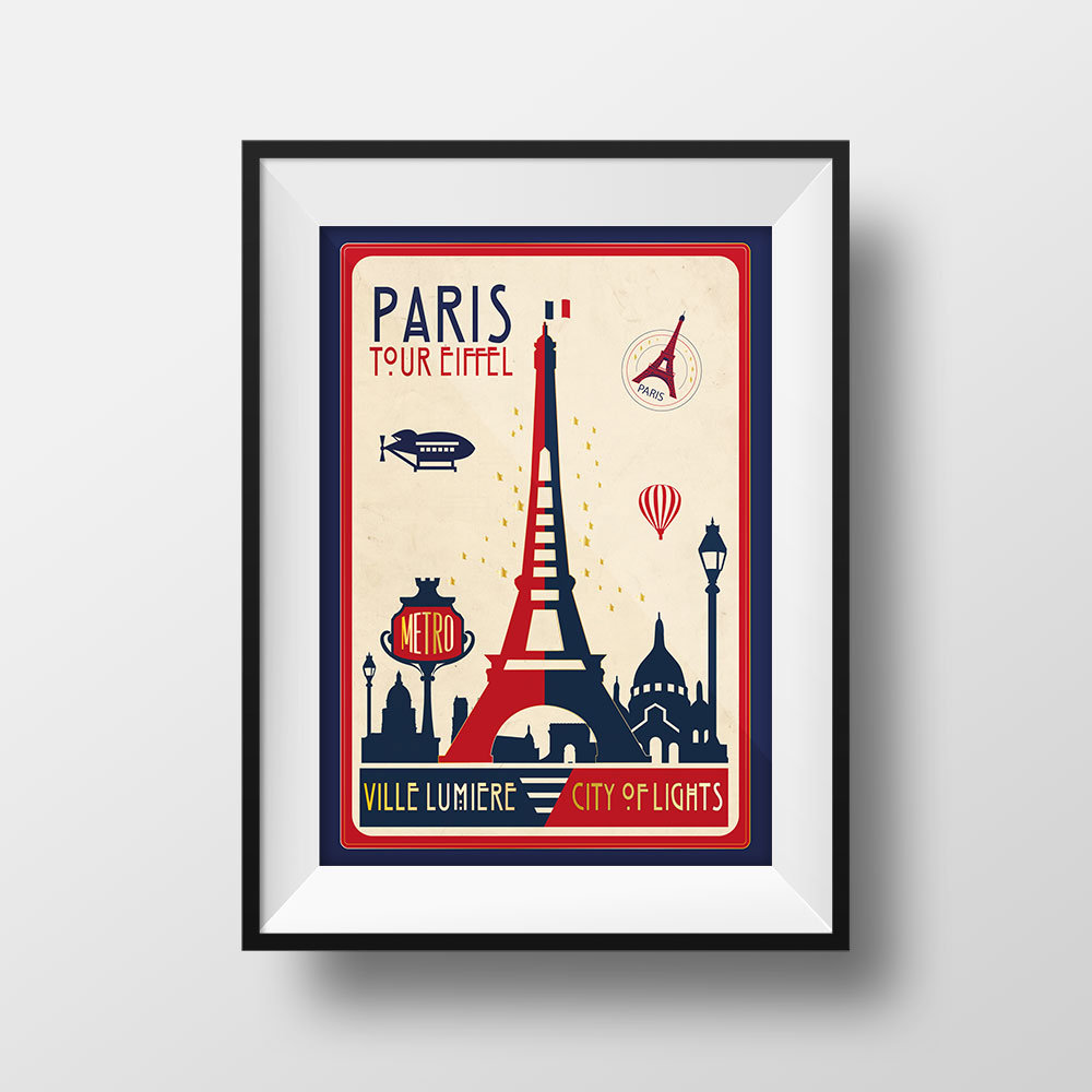 Affiche Voyage Paris - Poster Vintage Illustration Tour Eiffel Art Déco Ville Lumière Métro Rétro Vintage France Souvenir Décoration Murale