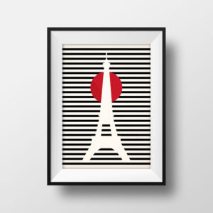 Affiche Voyage Paris - Poster Vintage Illustration Tour Eiffel Minimaliste Marinière Noire Rouge Rétro Vintage France Décoration Murale