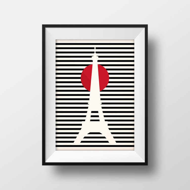 Affiche Voyage Paris - Poster Vintage Illustration Tour Eiffel Minimaliste Marinière Noire Rouge Rétro Vintage France Décoration Murale