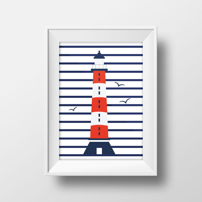 Affiche Voyage Bretagne - Poster Vintage Illustration Phare Minimaliste Marinière Rétro Vintage France Souvenir Décoration Murale