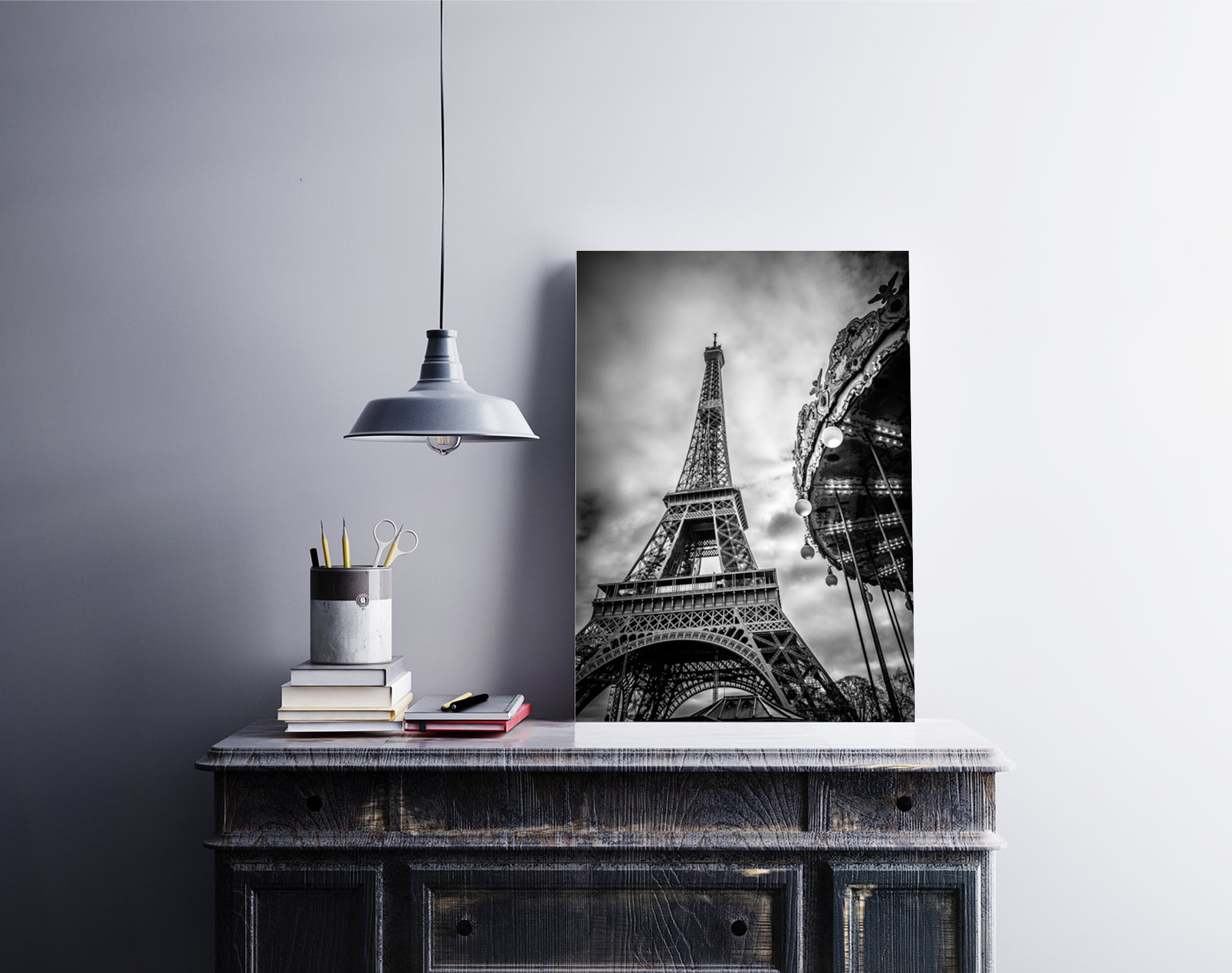Photo Paris Tour Eiffel Noir et Blanc – Manège Photographie Image en Noir et Blanc Scène de Rue Affiche Poster Décoration Murale – Image 2