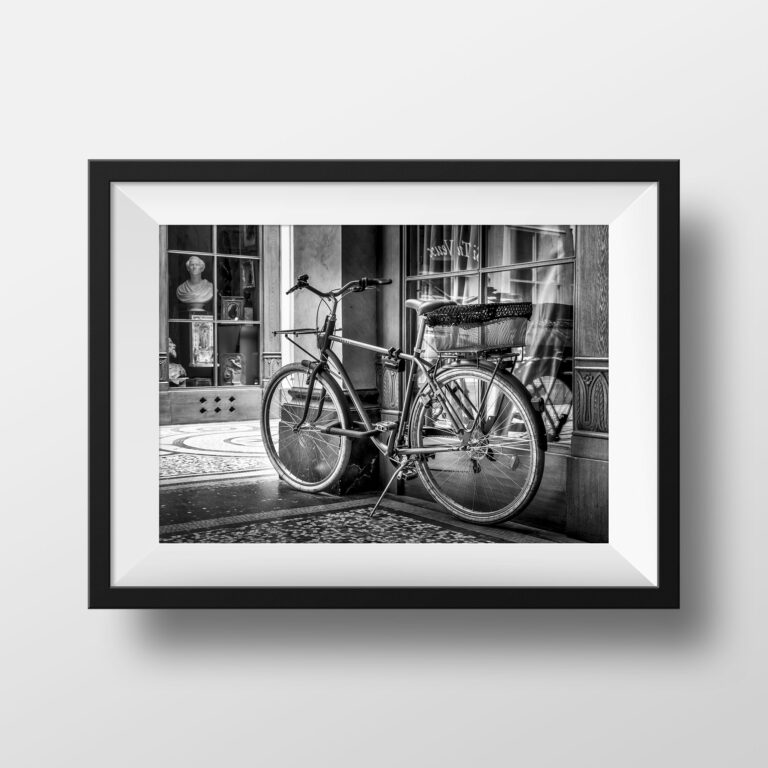 Tirage Photo de Paris – Galerie Vivienne Vélo Bicyclette Photographie Image Noir et Blanc Cliché Scène de Rue Affiche Poster Décoration