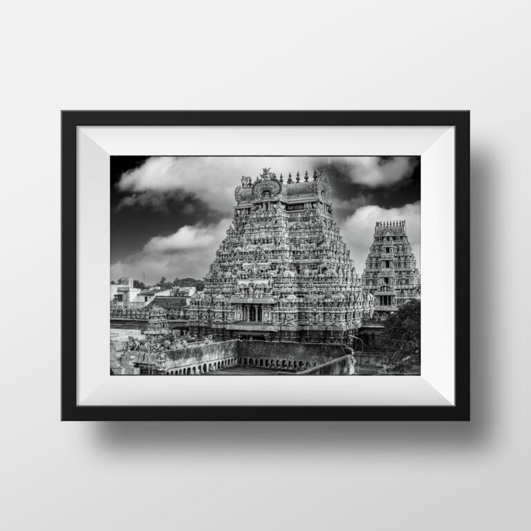 Photo Noir et blanc Inde - Srirangam Tamil Nadu Temple Gopuram Photographie Image Paysage Inde du Sud Affiche Poster Voyage