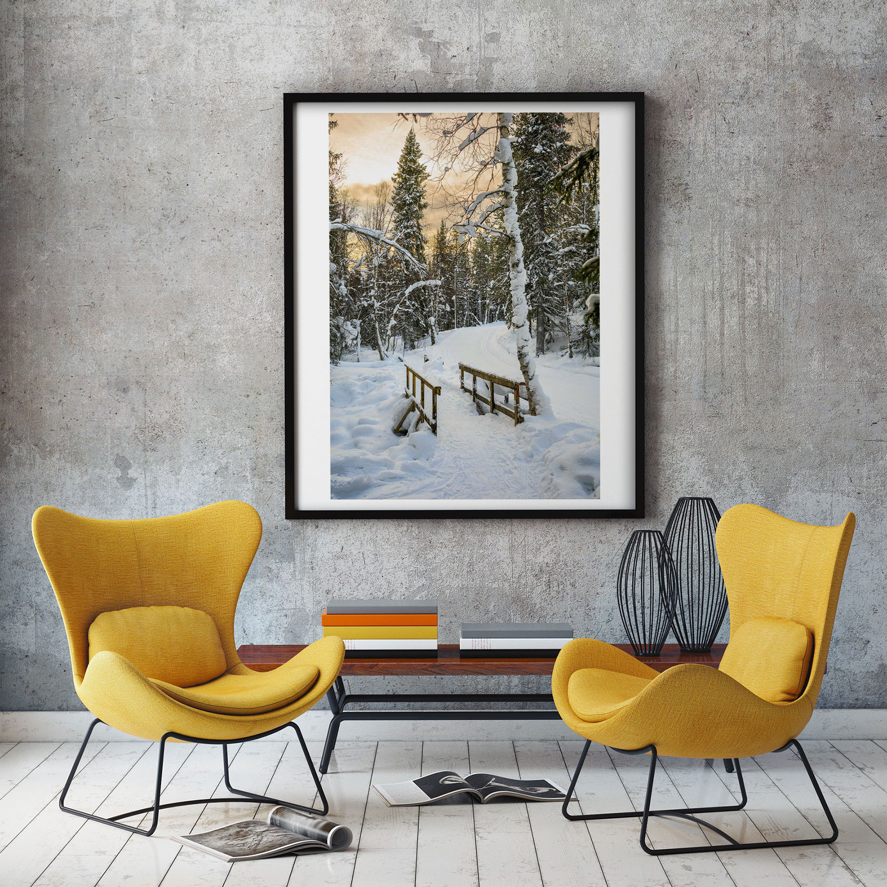 Tirage Photo Laponie – Finlande Paysage Neige Pont en Bois en Couleur Décoration Murale