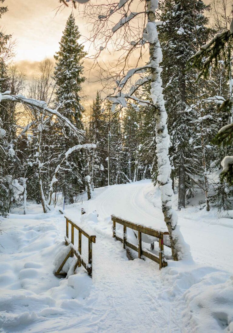 Tirage Photo Laponie – Finlande Paysage Neige Pont en Bois en Couleur Décoration Murale